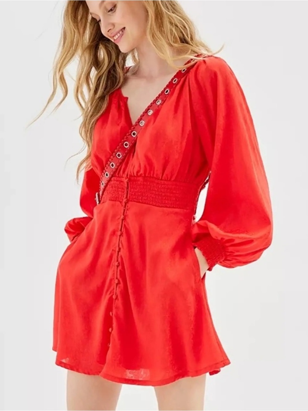 Urban Outfitters Rebecca Red Jacquard Long Sleeve Mini Dress Holiday Party Sz S